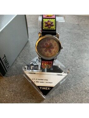Timex Kids Watch T72622 Round Flower Pink Purple Dial Silvertone 3D Poly Band A1